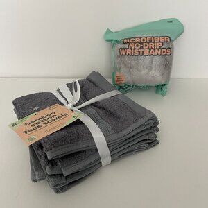 4 Bamboo Cotton Face Towels and Microfiber No Drip Wrist Bands Gray